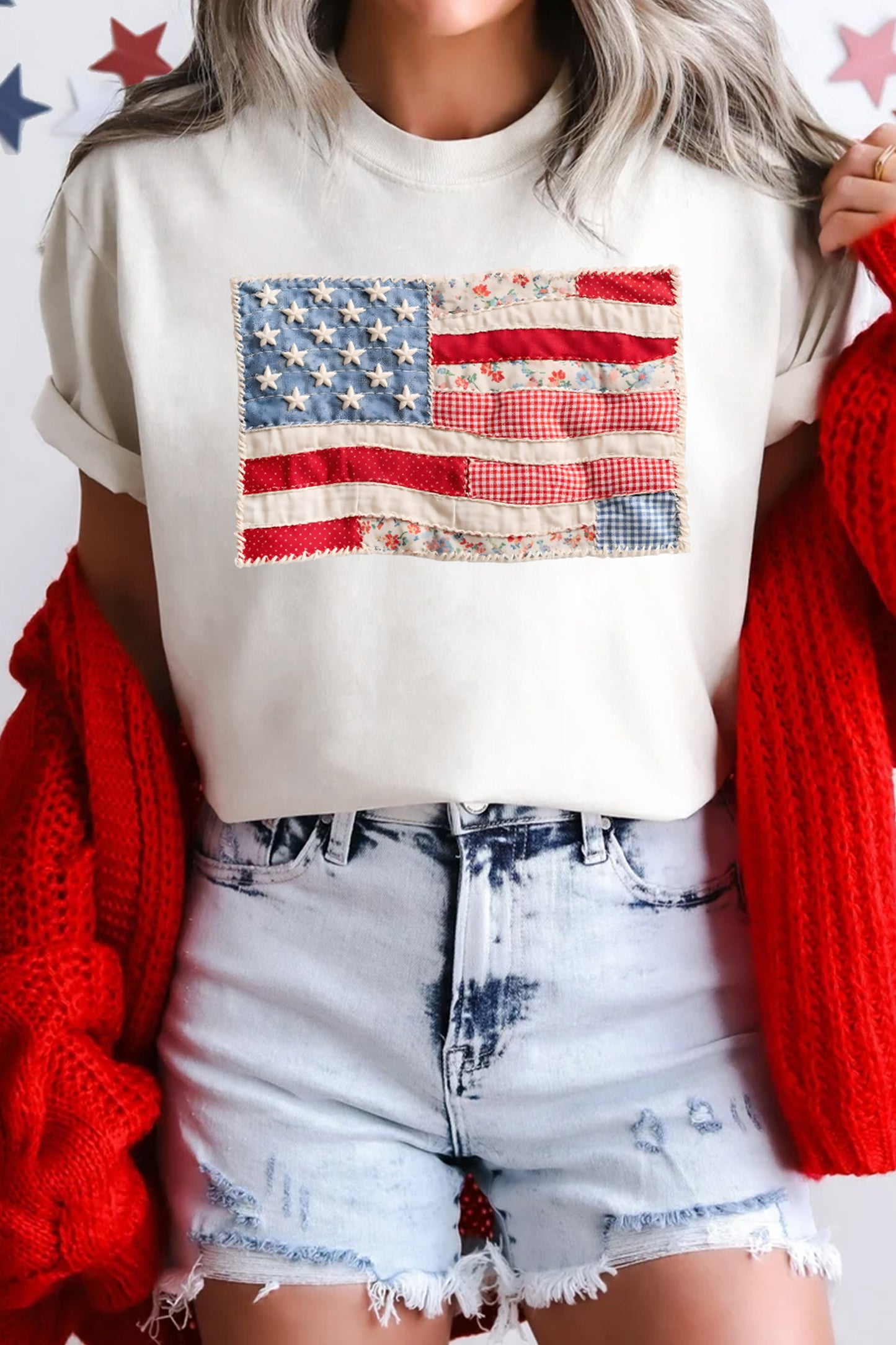 White Faux Patchwork Printed US Flag Casual Tee - Cowaa