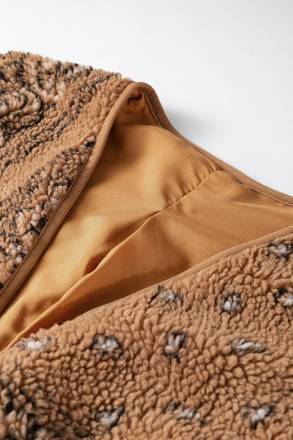 Brown Sherpa Paisley Print Pocketed Western Fashion Vest Jacket - Cowaa