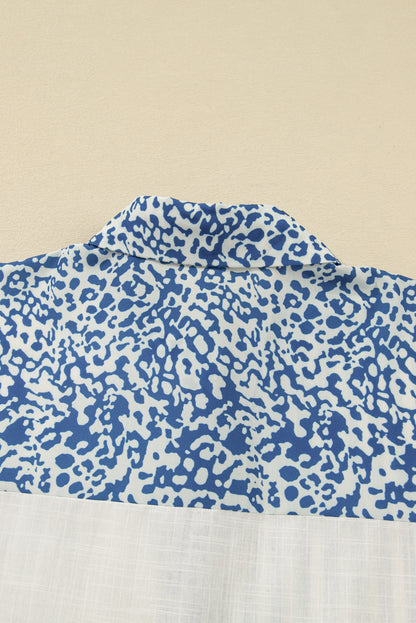 Sky Blue Leopard Striped Patchwork Casual Plus Size Shirt