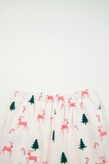 Pink Bow Christmas Tree Print Contrast Striped Banding 2pcs Lounge Set