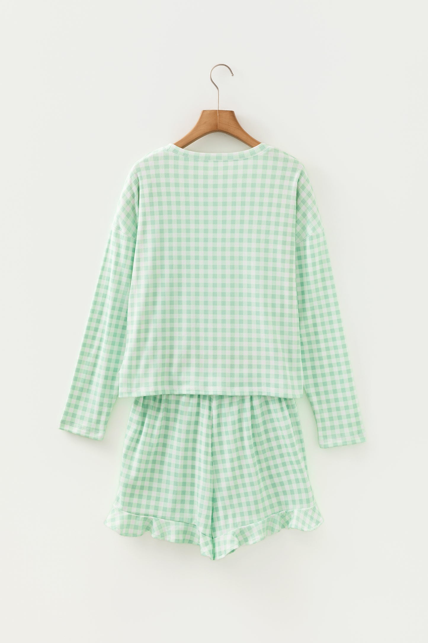 Green Gingham Long Sleeve Loose Top Drawstring Shorts 2pcs Lounge Set - Cowaa
