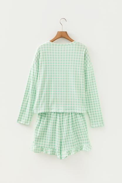 Green Gingham Long Sleeve Loose Top Drawstring Shorts 2pcs Lounge Set - Cowaa