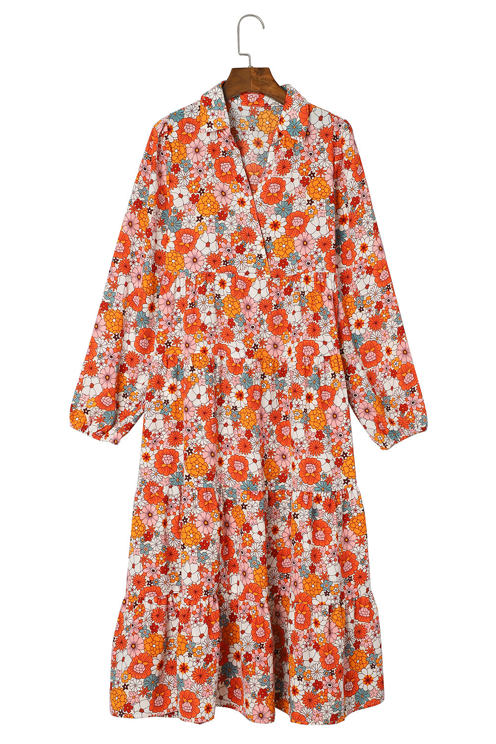 Multicolor Boho Floral Collared Long Sleeve Dress - Cowaa