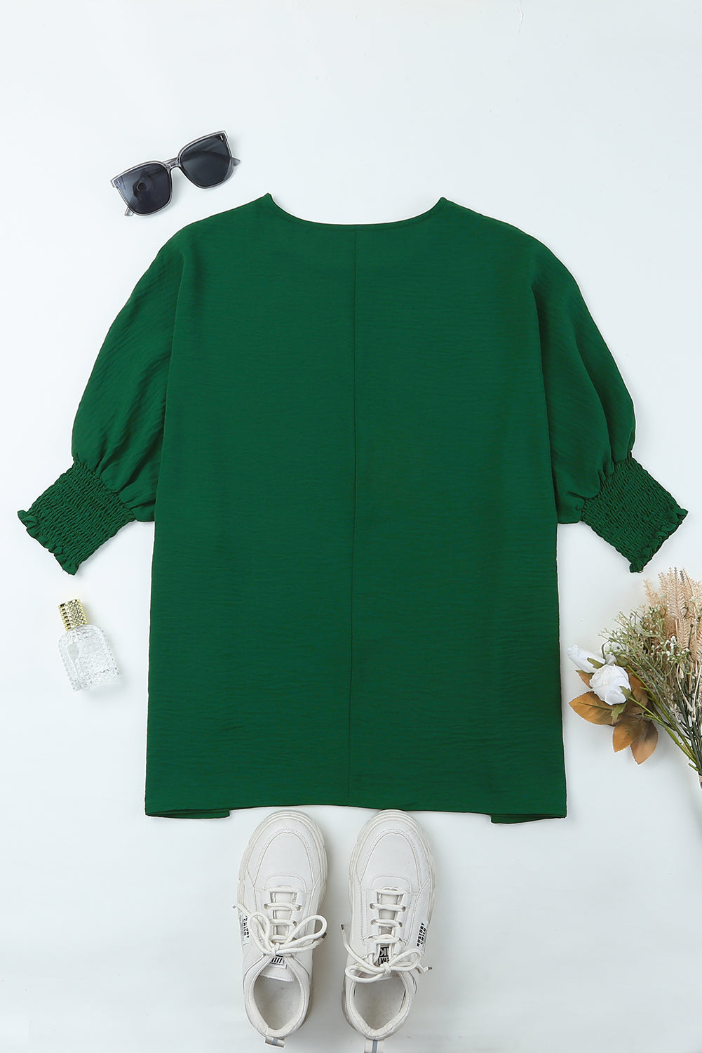 Apricot Solid Casual Smocked Cuffs Batwing Sleeve Blouse - Cowaa