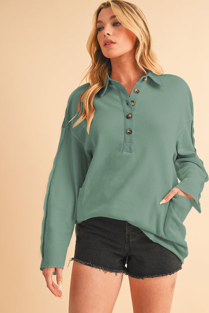 Pink Waffle Patchwork Drop Sleeve Henley Top - Cowaa