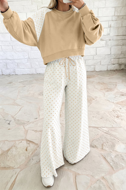 Light Blue Polka Dot Patchwork Colorblock Long Sleeve Casual Two Piece Pants Set
