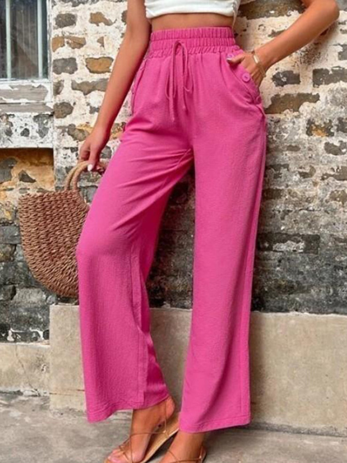 Tied High Waist Wide Leg Pants with Pockets - Cowaa