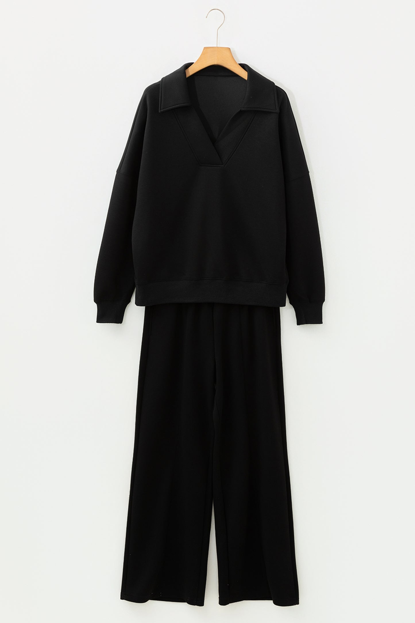 Bristol Black Collared V Neck Pullover Sweatshirt Sweatpants Set - Cowaa