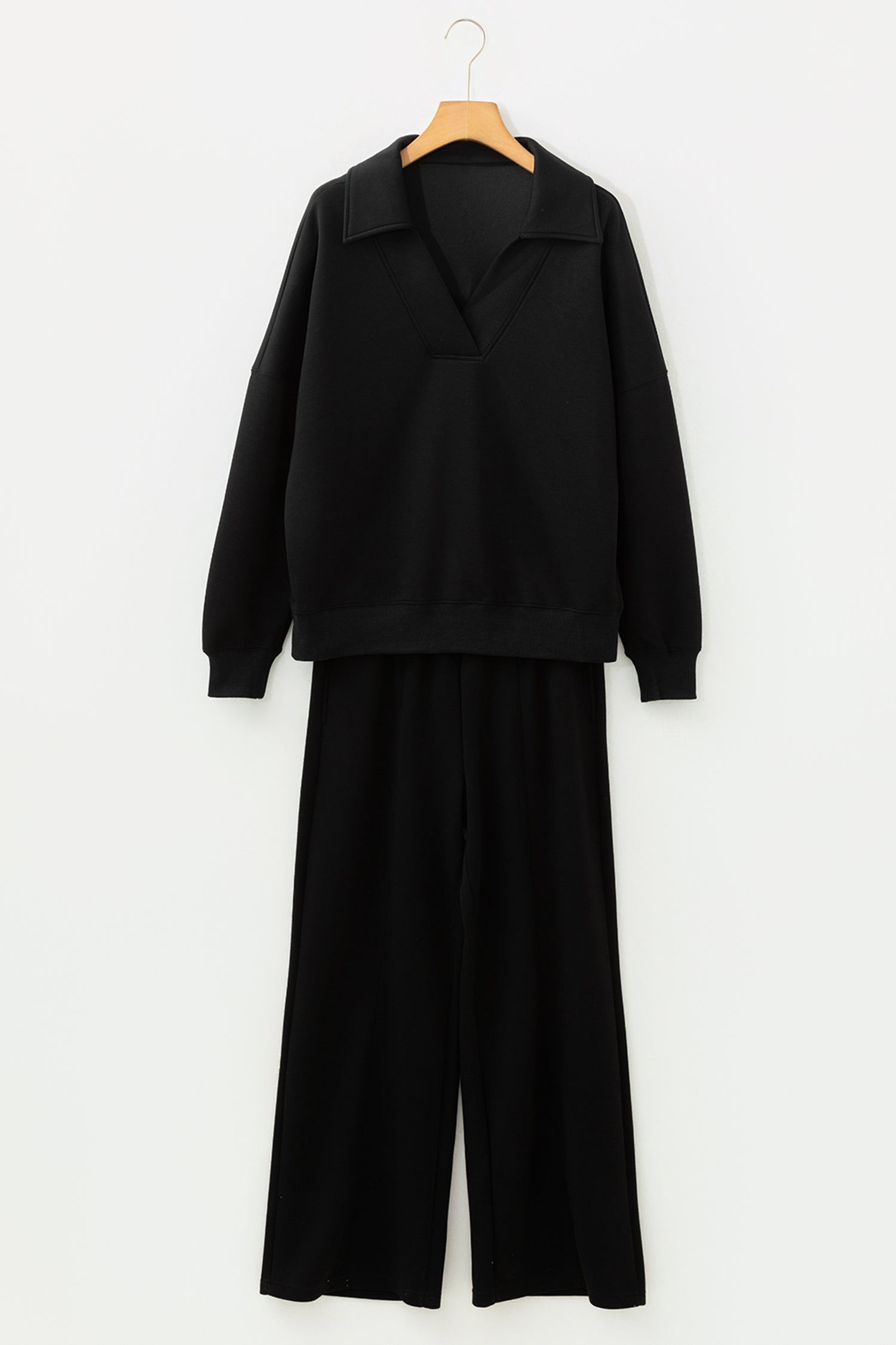 Bristol Black Collared V Neck Pullover Sweatshirt Sweatpants Set - Cowaa