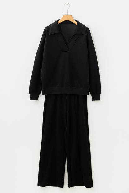 Bristol Black Collared V Neck Pullover Sweatshirt Sweatpants Set - Cowaa