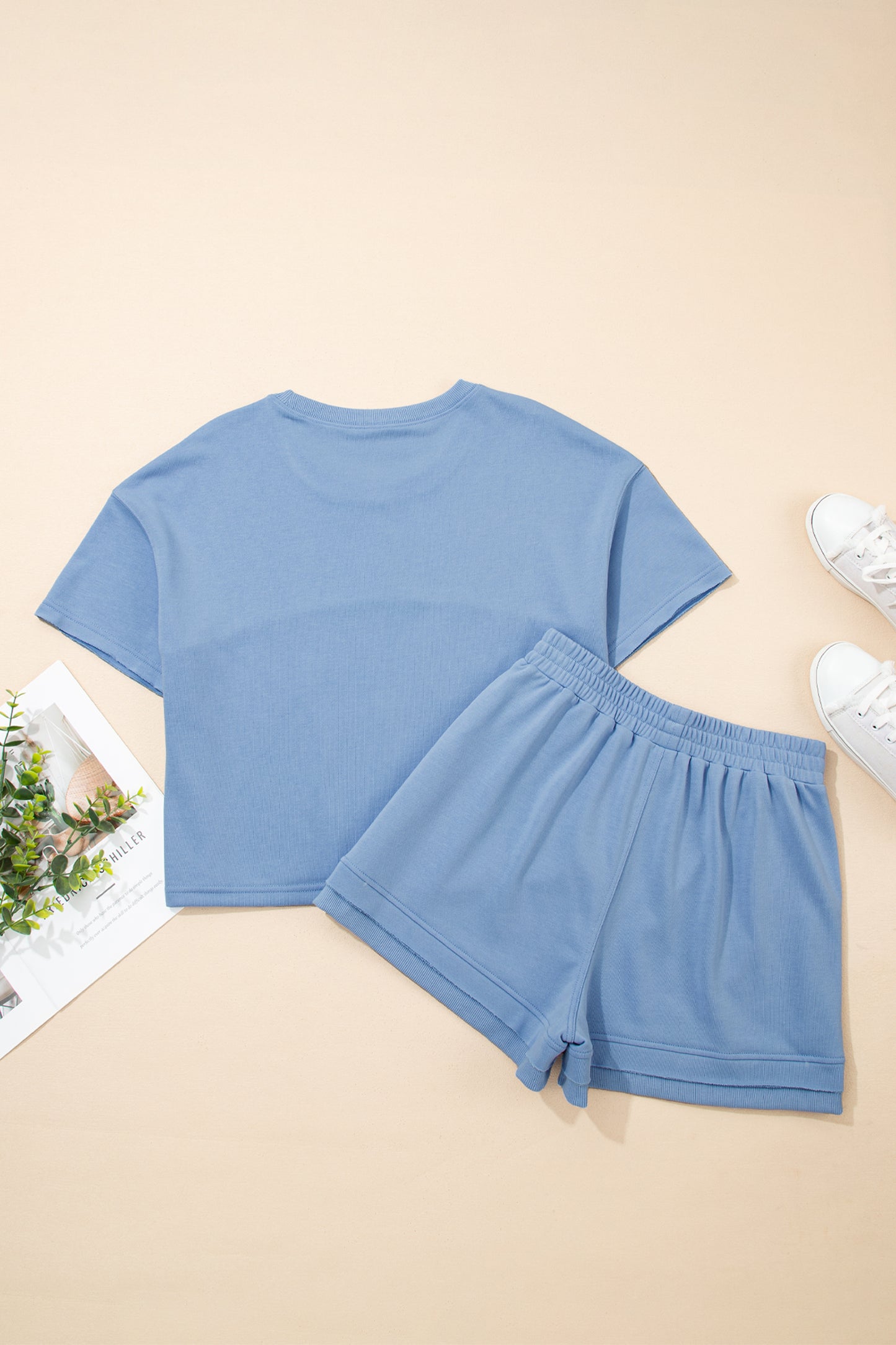 Sky Blue Solid Color Contrast Textured Patchwork Raw Edge 2pcs Short Set - Cowaa