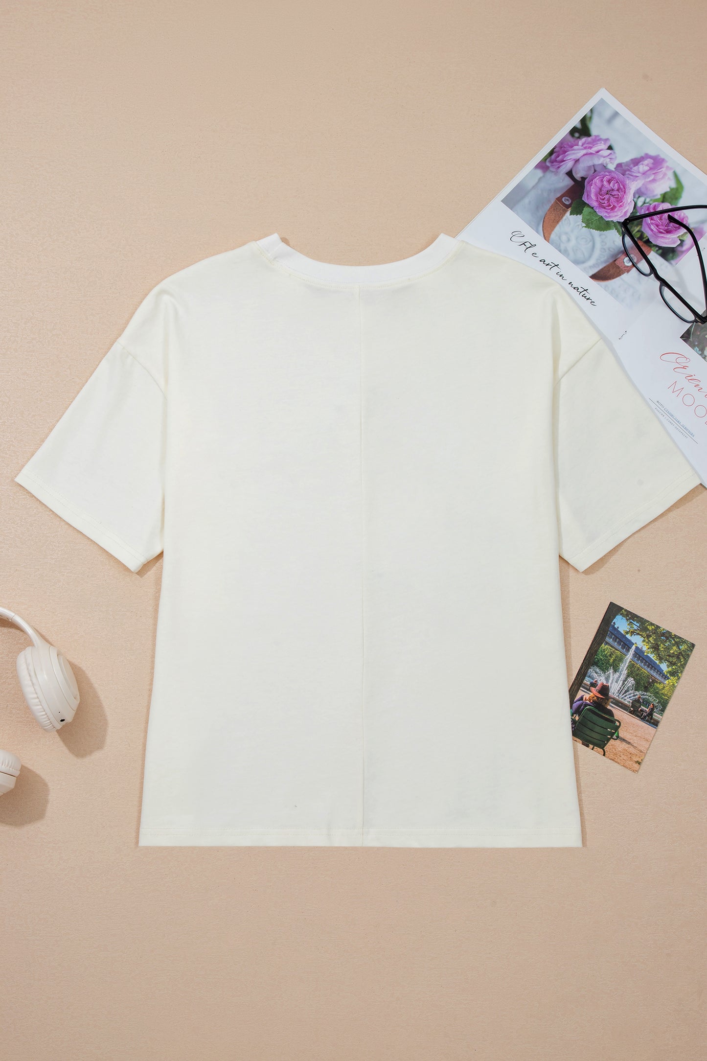 Beige Star Print Stud Detail Cotton Jersey Top