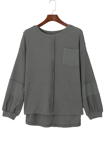Crinkle Patchwork Long Sleeve Top - Cowaa