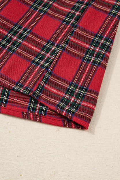 Red Plus Size Plaid Contrast Patchwork Long Sleeve Shirt and Shorts 2pcs Pajama Set - Cowaa