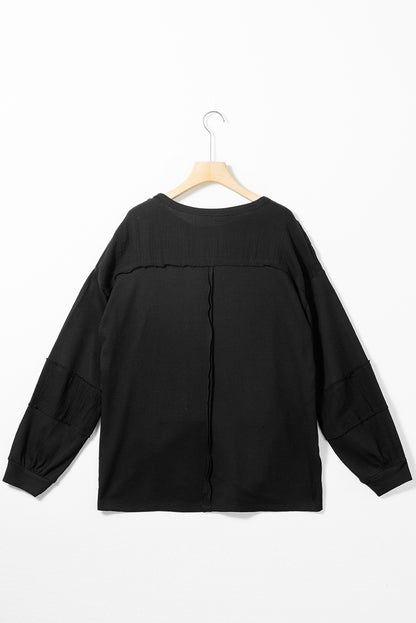 Crinkle Patchwork Long Sleeve Top - Cowaa