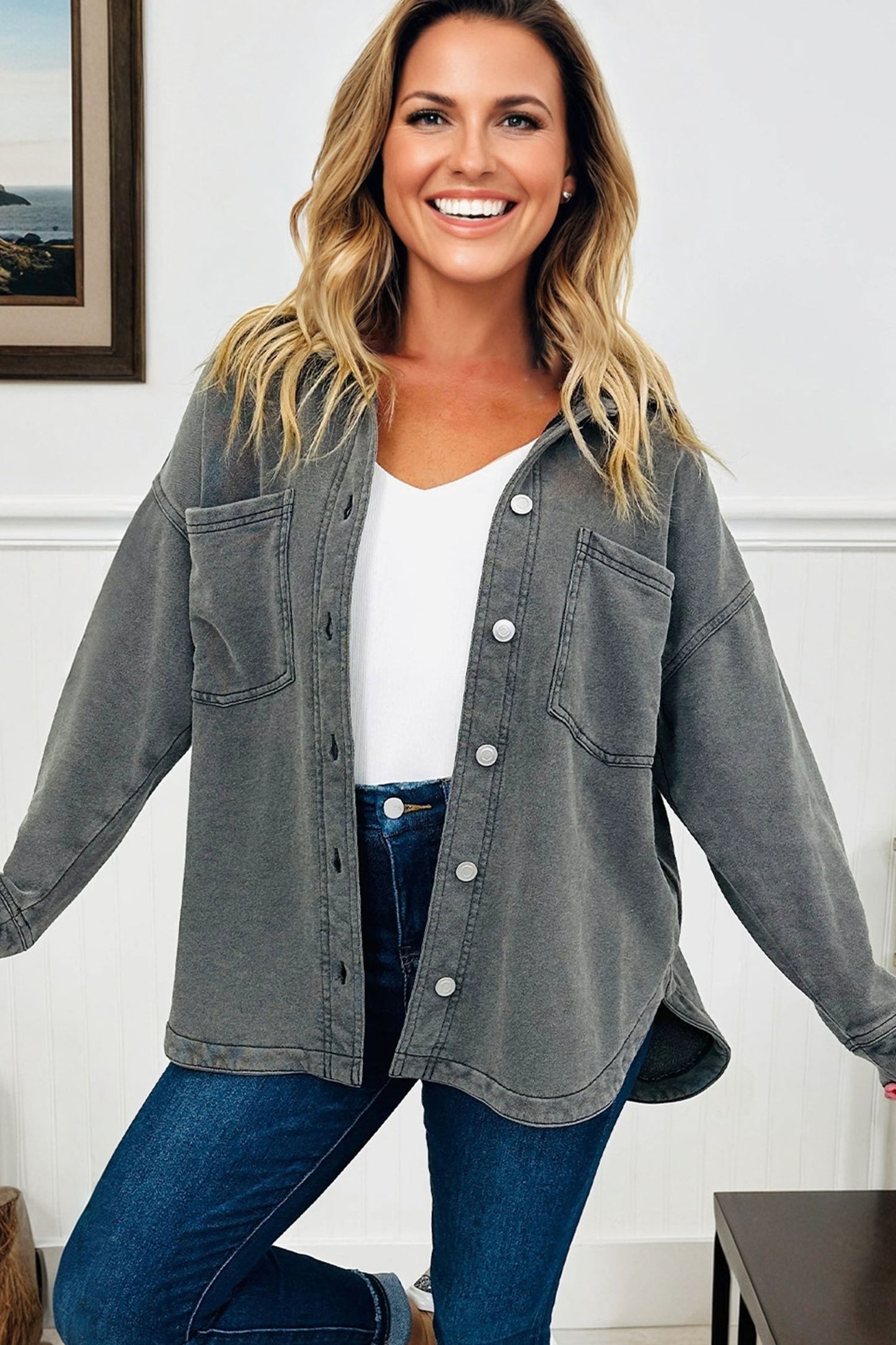 Medium Grey Mineral Wash Chest Pockets Drop Shoulder Shacket with Side Slit