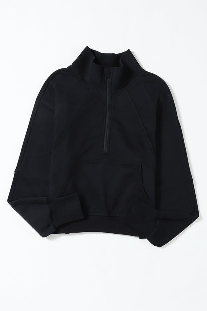 Brown Zip Up Stand Collar Thumbhole Sleeve Sweatshirt - Cowaa