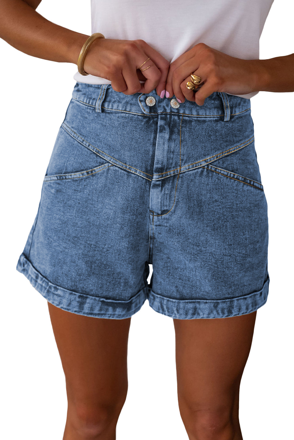 Ivy Seam Detail Pocketed Cuffed Hem Denim Shorts - Cowaa