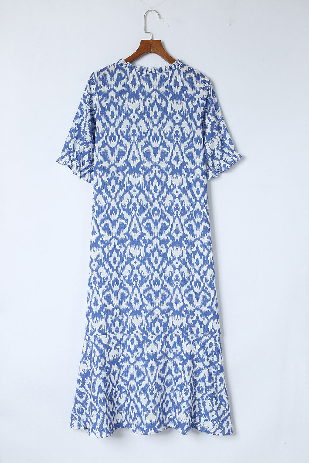 Sky Blue Geometric Print Casual V Neck Maxi Dress - Cowaa