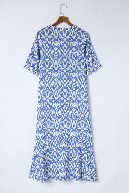 Sky Blue Geometric Print Casual V Neck Maxi Dress - Cowaa