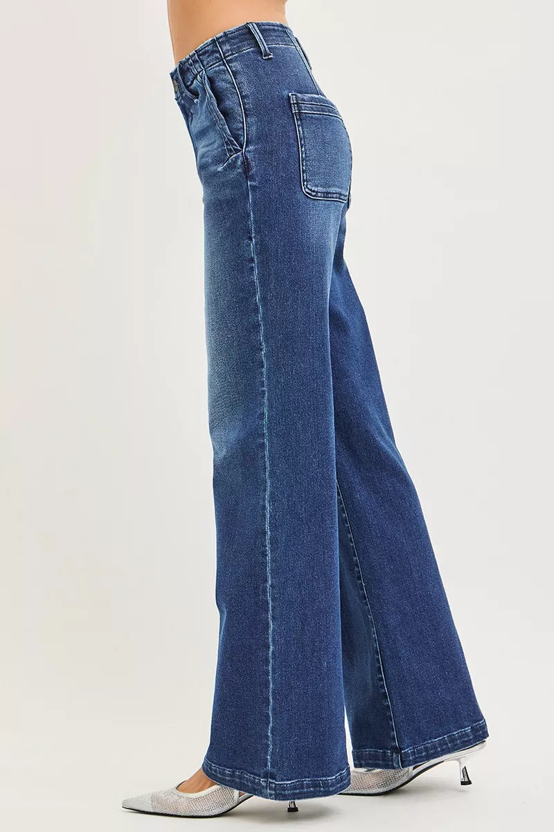 RISEN High Rise Wide Leg Slanted Pocket Jeans.