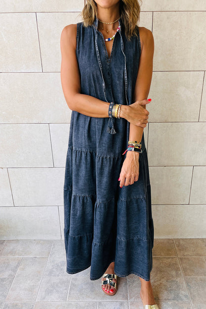 Real Teal Sleeveless Tiered Chambray Maxi Dress - Cowaa