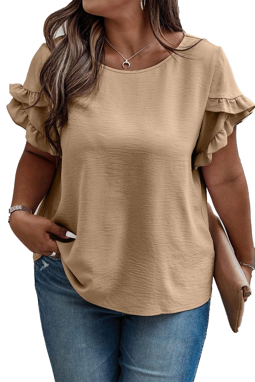 Black Ruffled Short Sleeve Plus Size Top - Cowaa
