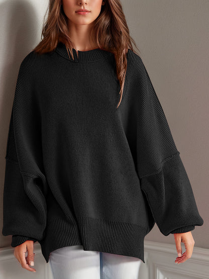 Double Take Side Slit Round Neck Long Sleeve Sweater - Cowaa