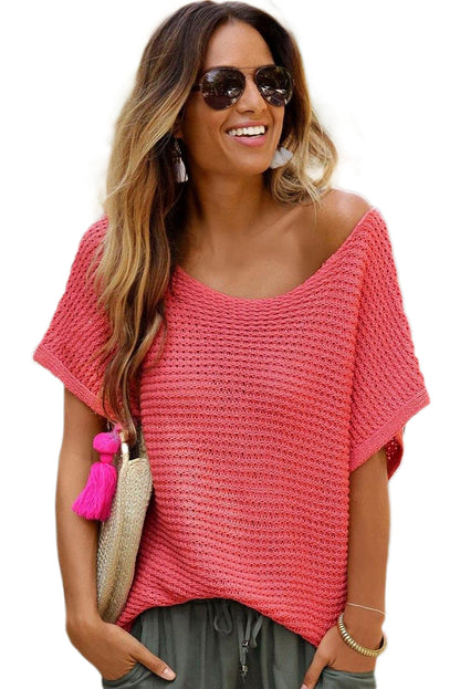 Pink Plain Knit Loose Batwing Sleeve Blouse - Cowaa