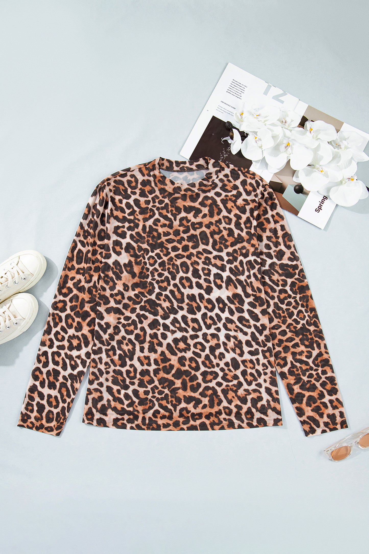 Brown Plus Size Mock Neck Leopard Mesh Top - Cowaa