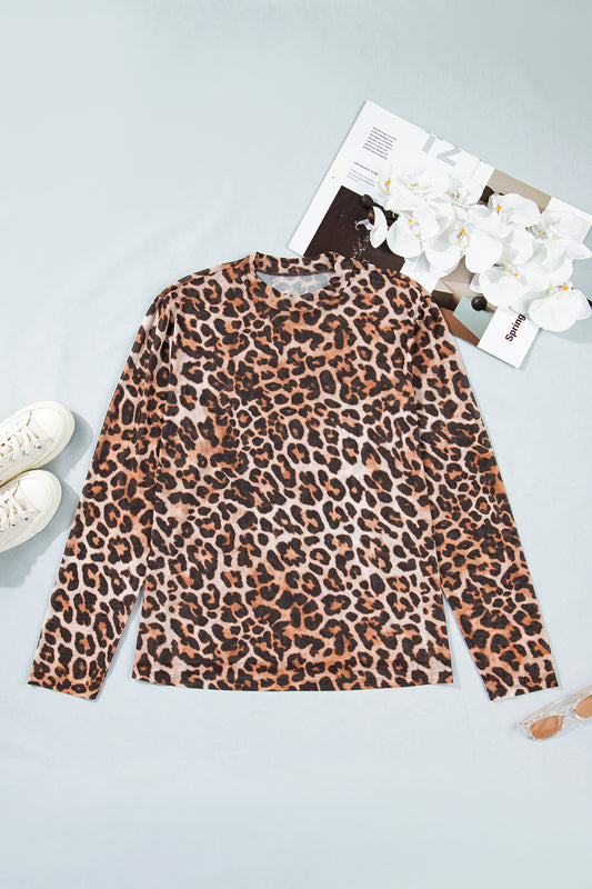Brown Plus Size Mock Neck Leopard Mesh Top - Cowaa