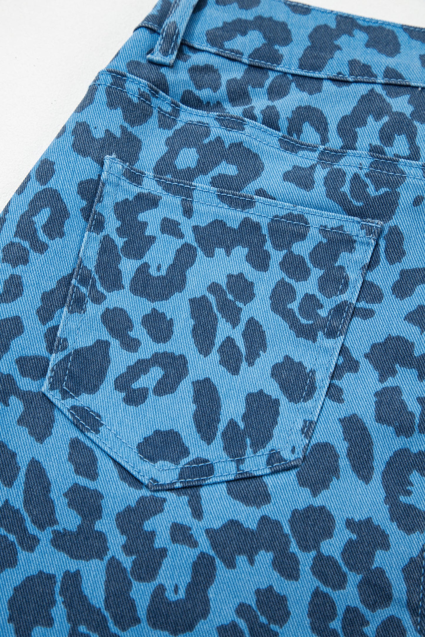 Sky Blue Leopard Denim Frayed Split Denim Midi Skirt