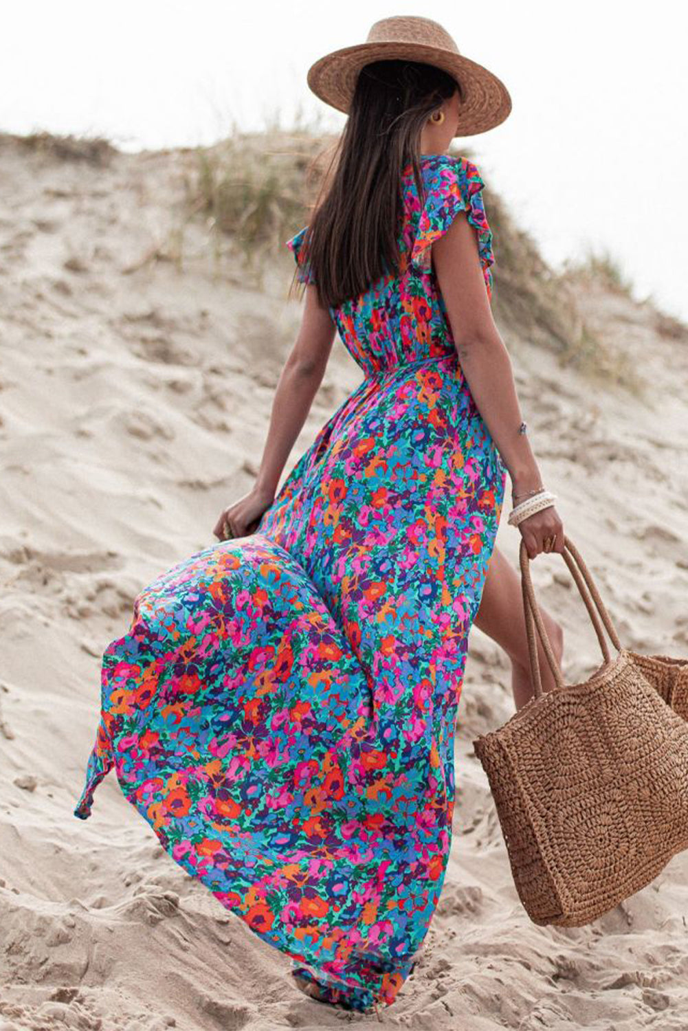 Blue Boho Floral Print V Neck Wrap Split Maxi Dress - Cowaa