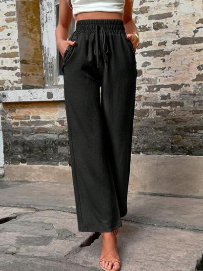 Tied High Waist Wide Leg Pants with Pockets - Cowaa