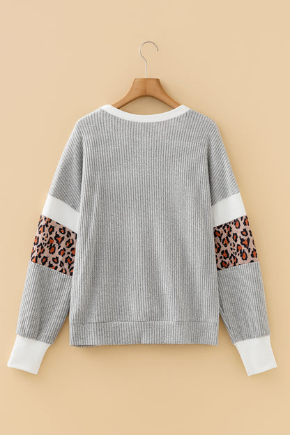 Gray Leopard Print Colorblock Patchwork Ribbed Knit Top - Cowaa