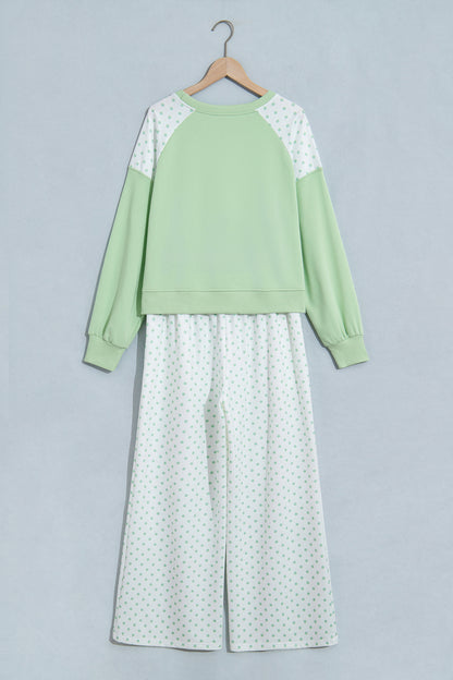 Light Blue Polka Dot Patchwork Colorblock Long Sleeve Casual Two Piece Pants Set