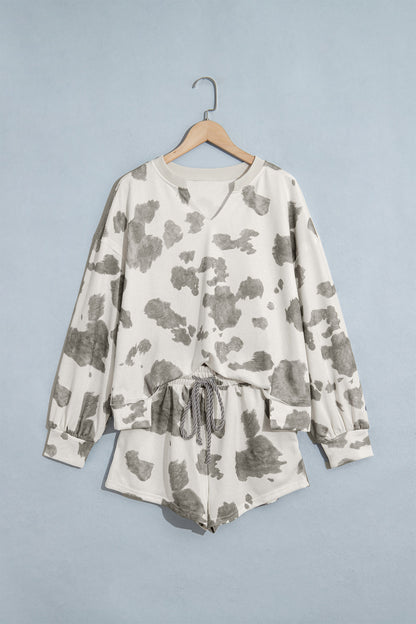 Gray Western Print Raw Hem Long Sleeve Top Drawstring Shorts Set