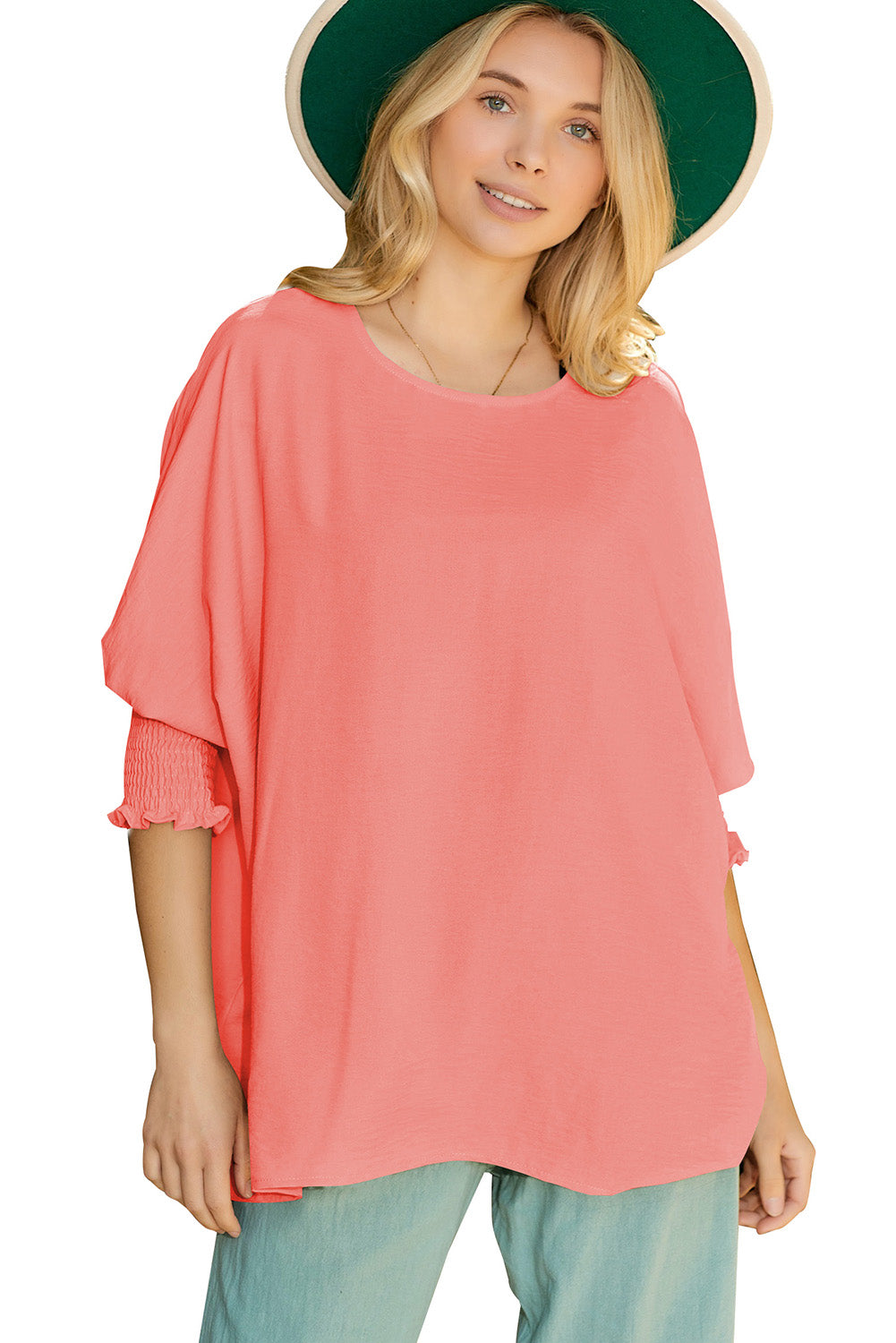 Apricot Solid Casual Smocked Cuffs Batwing Sleeve Blouse - Cowaa