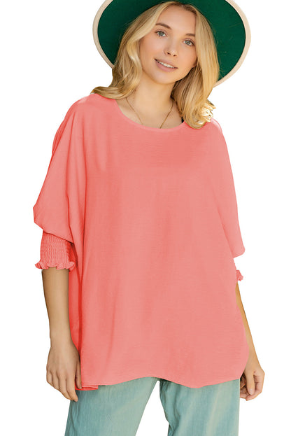 Apricot Solid Casual Smocked Cuffs Batwing Sleeve Blouse - Cowaa