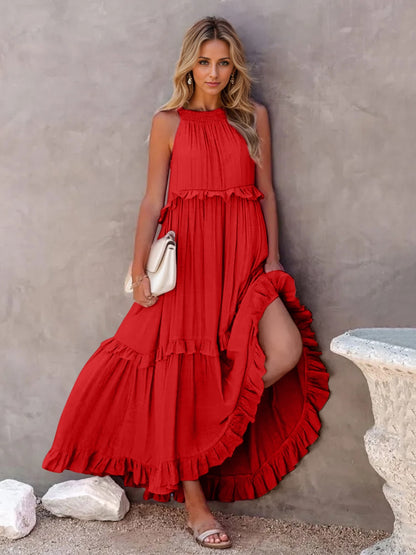 Ruffled Sleeveless Tiered Maxi Dress with Pockets - Cowaa