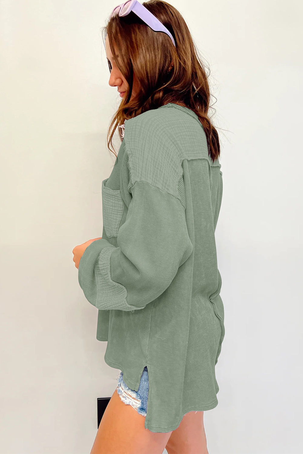 Crinkle Patchwork Long Sleeve Top - Cowaa