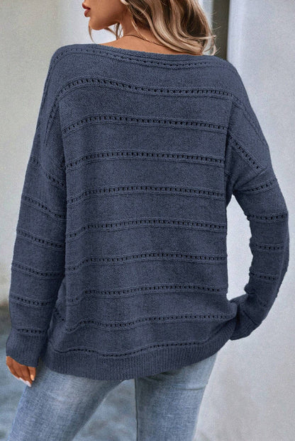 Boat Neck Drop Shoulder Pointelle Knit Sweater - Cowaa