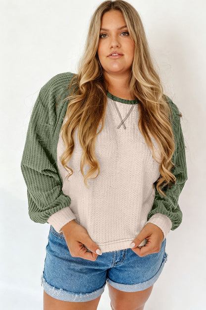Mist Green Plus Size Waffled Color Block Long Sleeve Top - Cowaa