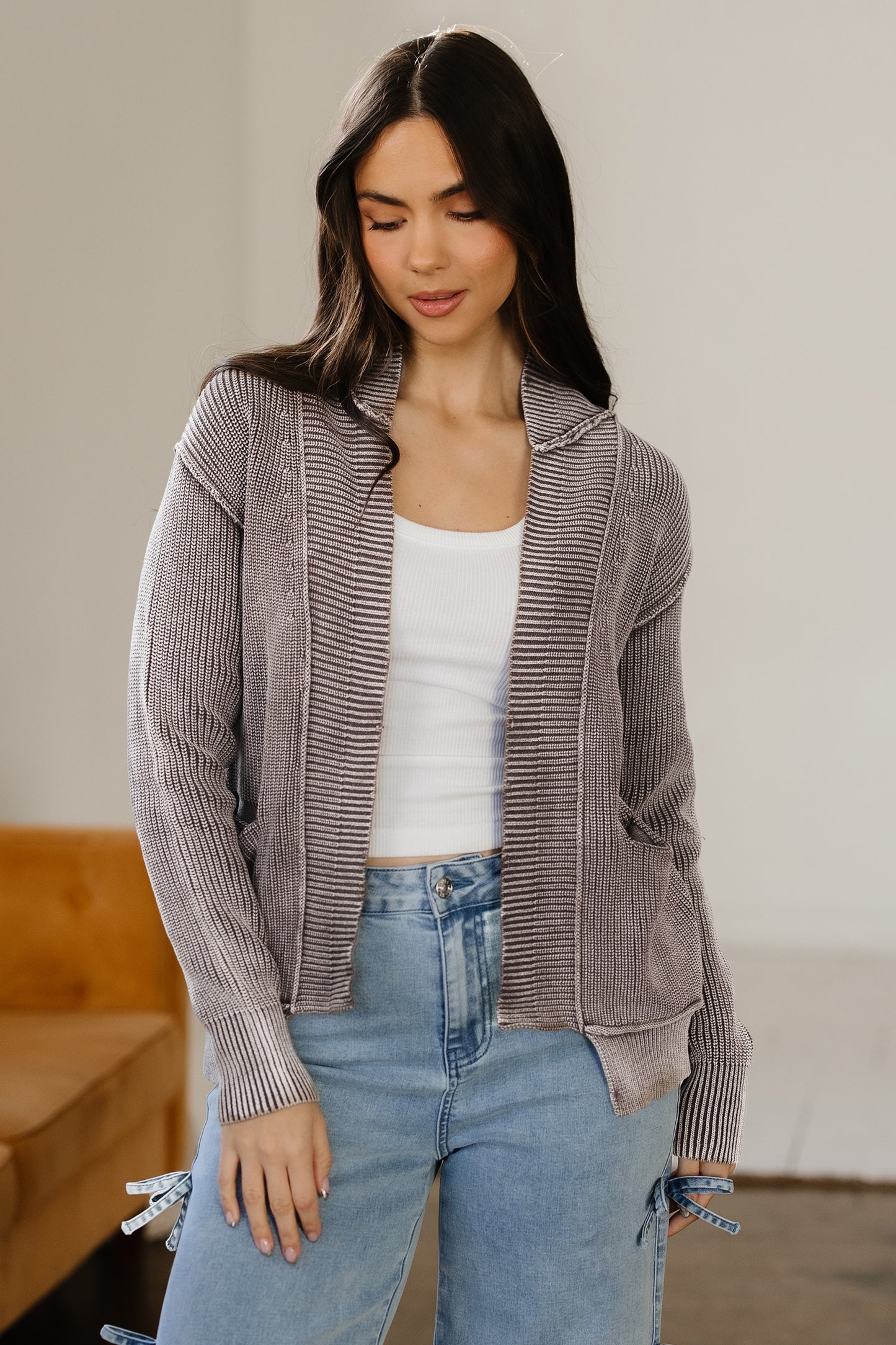 Dark Brown Mineral Wash Exposed Seam Patchwork Knit Open Sweater Cardigan - Cowaa