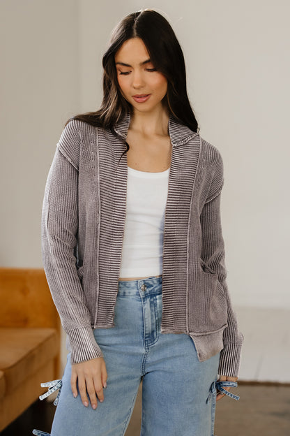 Dark Brown Mineral Wash Exposed Seam Patchwork Knit Open Sweater Cardigan - Cowaa