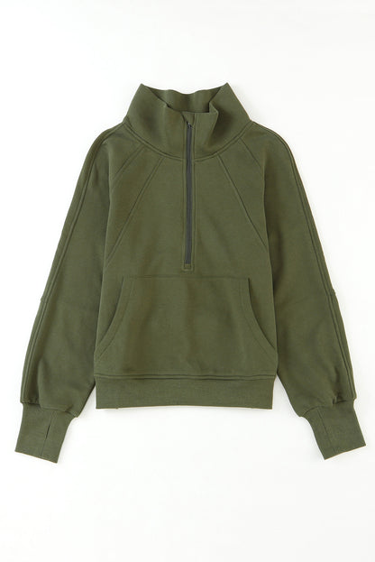 Brown Zip Up Stand Collar Thumbhole Sleeve Sweatshirt - Cowaa