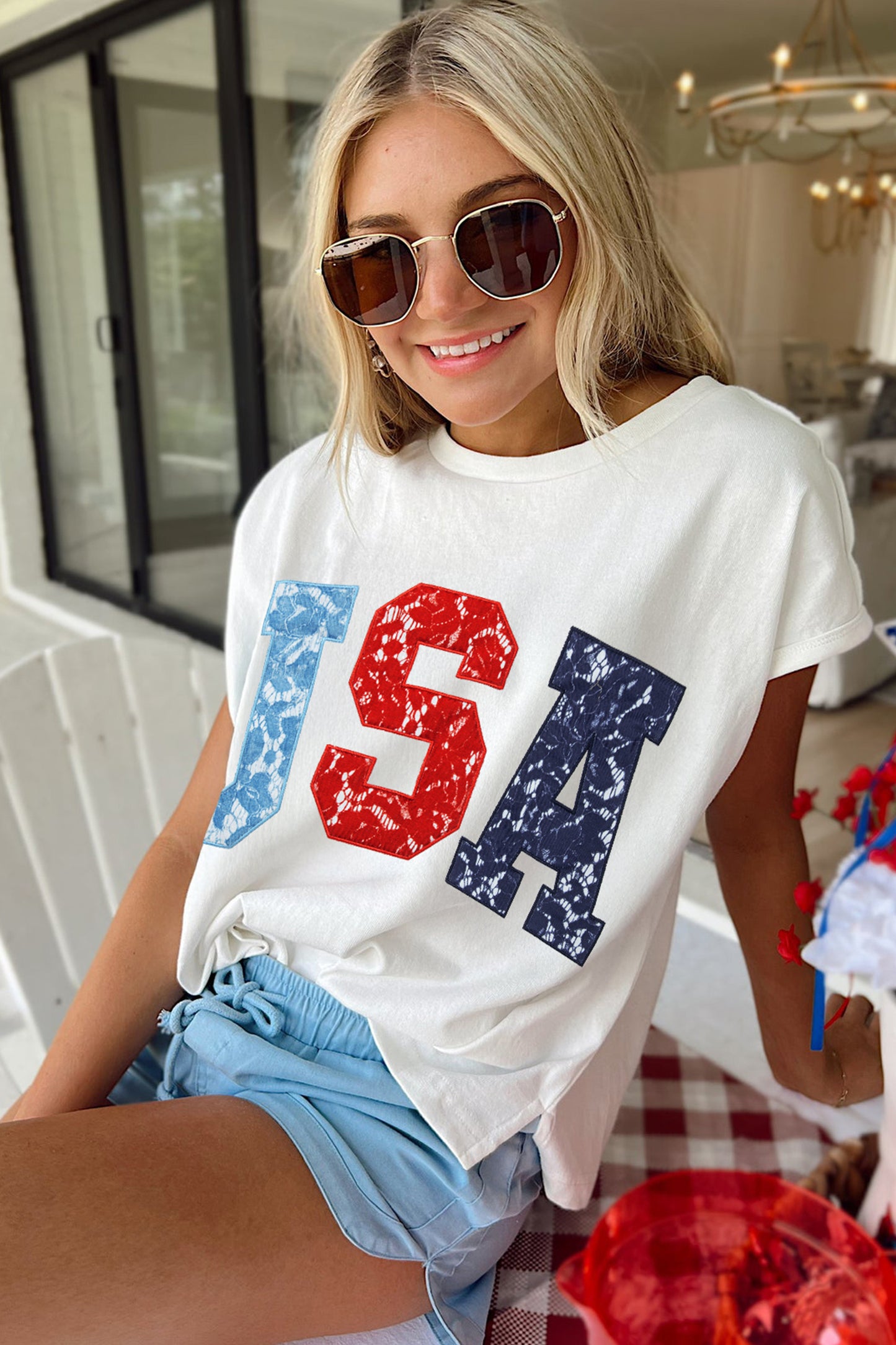 White USA Color Block Letter Printed Dolman Tee