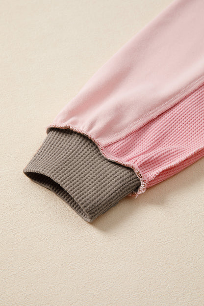 Light Pink Colorblock Waffle Patchwork Oversize Sweatshirt - Cowaa