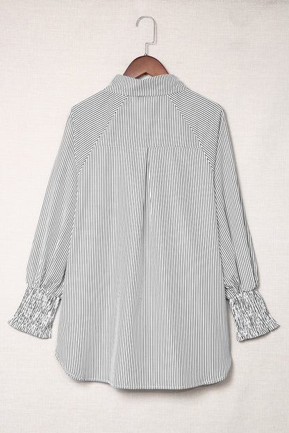 Black Striped Casual Shirred Cuffs Shirt - Cowaa