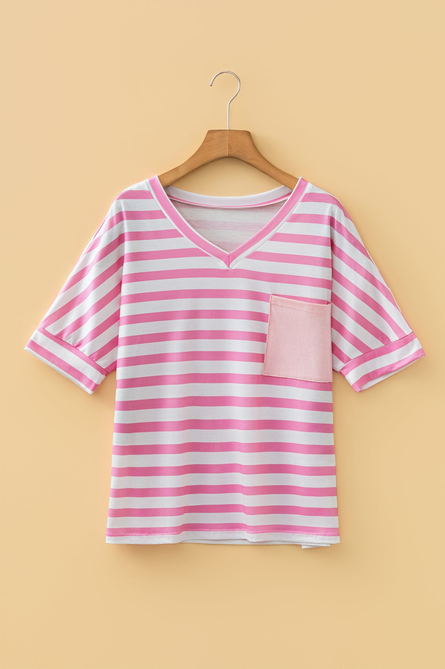 Pink Stripe V Neck Patched Pocket Casual T Shirt - Cowaa